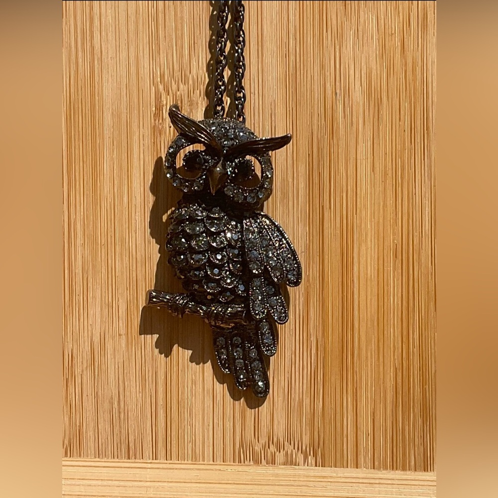 Black stoned Owl pendant on black chain, chest length